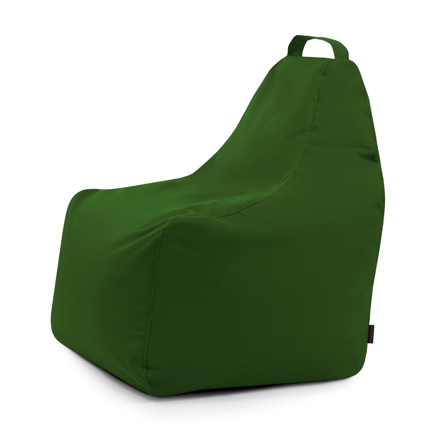 El Bean bag Play Colorin - uso exteriores es un sillón ergonómico verde con respaldo alto y asa de tela, fabricado con tejido OEKO-TEX, que se muestra sobre un fondo blanco liso.