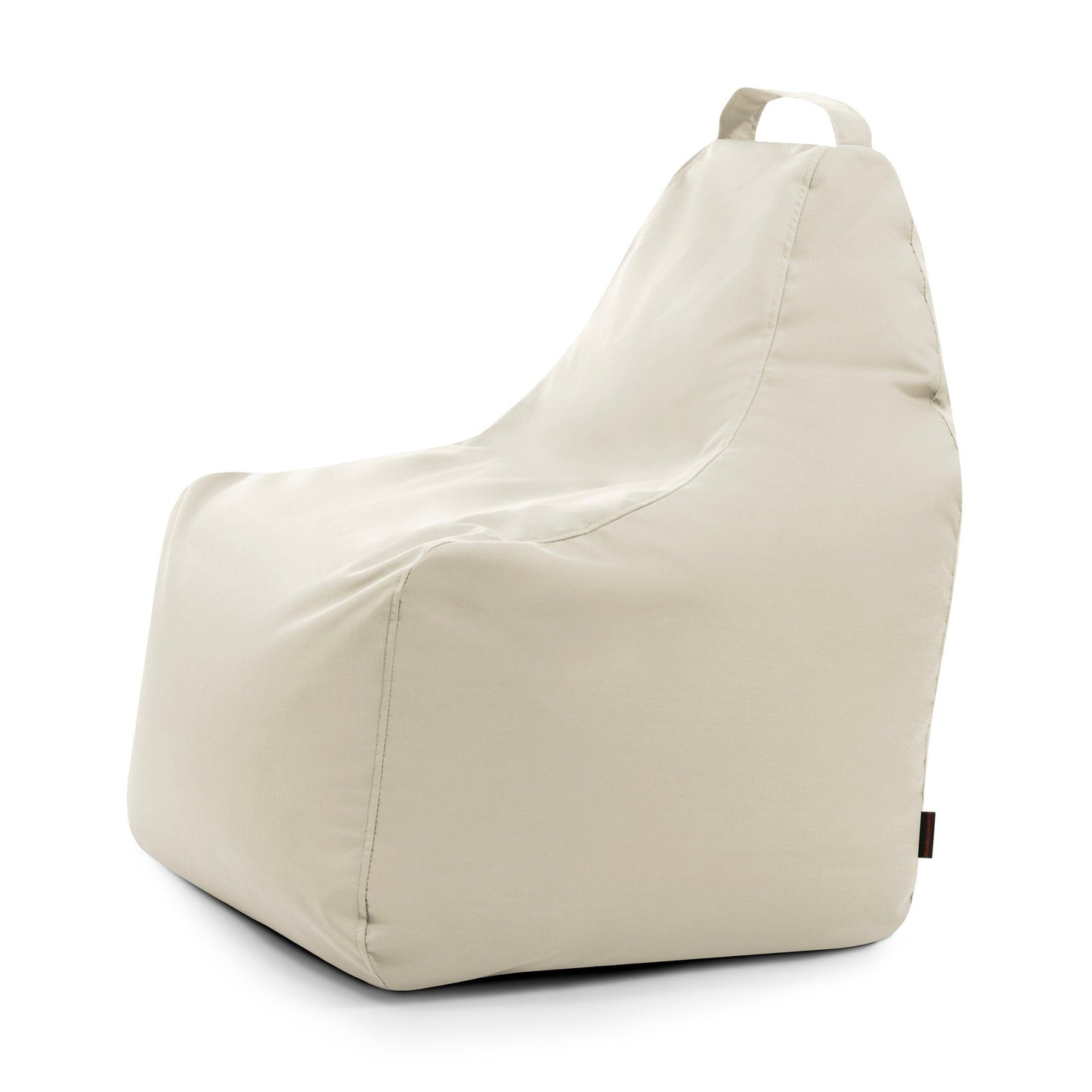 El Bean bag Play Colorin - uso exteriores es una silla de tela beige con respaldo alto y asa de transporte superior, fabricada con tela OEKO-TEX para mayor comodidad y seguridad, que se presenta sobre un fondo blanco.