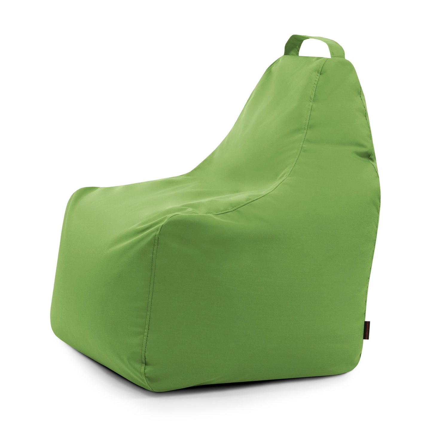 El Bean bag Play Colorin - uso exteriores es un sillón ergonómico verde con respaldo alto y asa superior, fabricado con tejido OEKO-TEX, sobre fondo blanco.