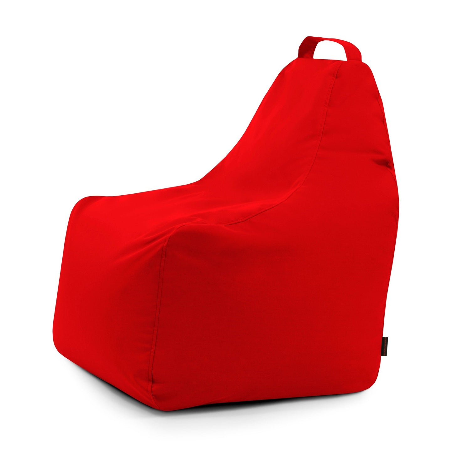 El Bean bag Play Colorin - uso exteriores cuenta con un respaldo alto, asa superior y está fabricado con tejido OEKO-TEX. Se muestra en rojo sobre fondo blanco.