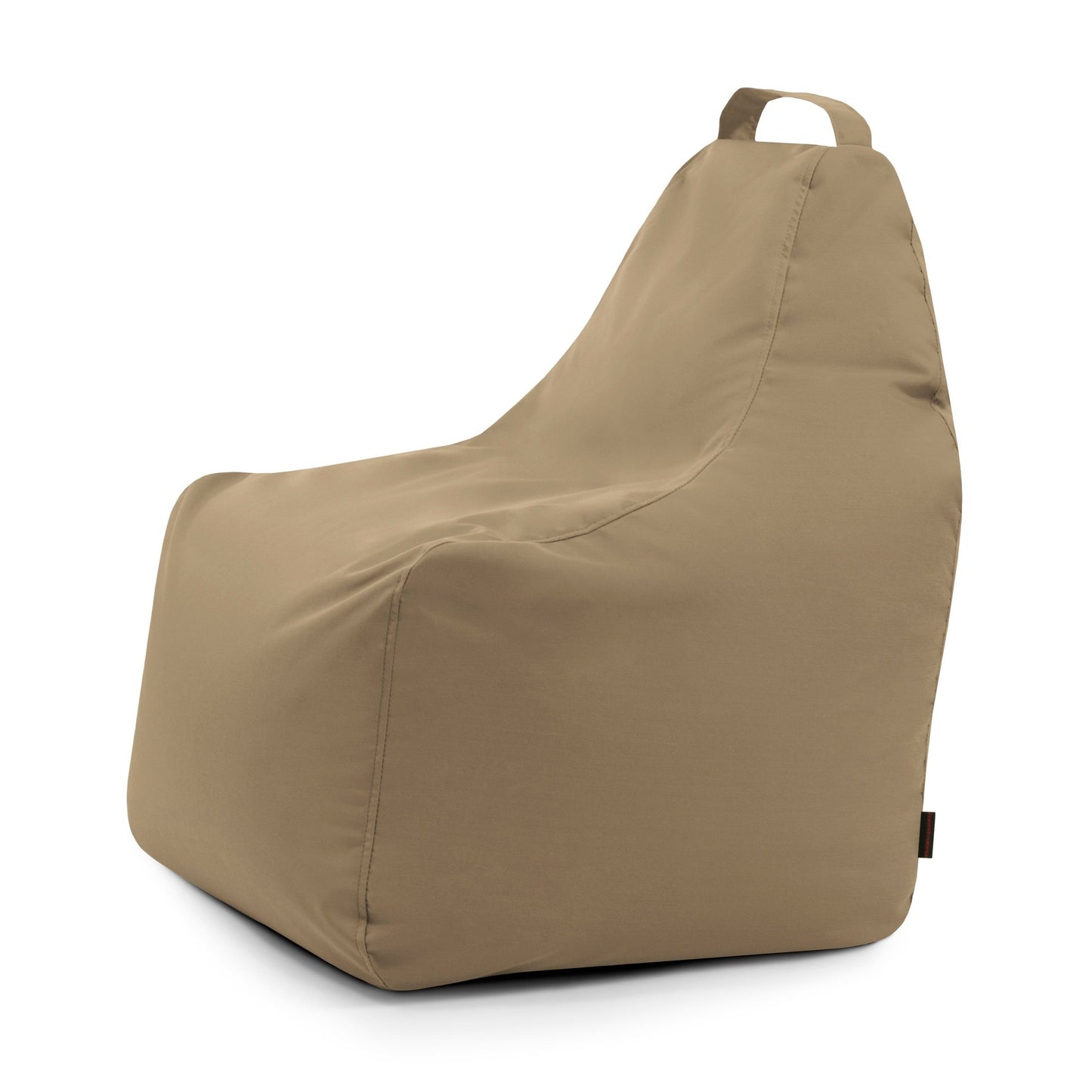 El Bean bag Play Colorin - uso exteriores es una silla de color tostado y respaldo alto con un asa superior, cubierta de tela certificada OEKO-TEX para mayor comodidad y seguridad, que se muestra sobre un fondo blanco.