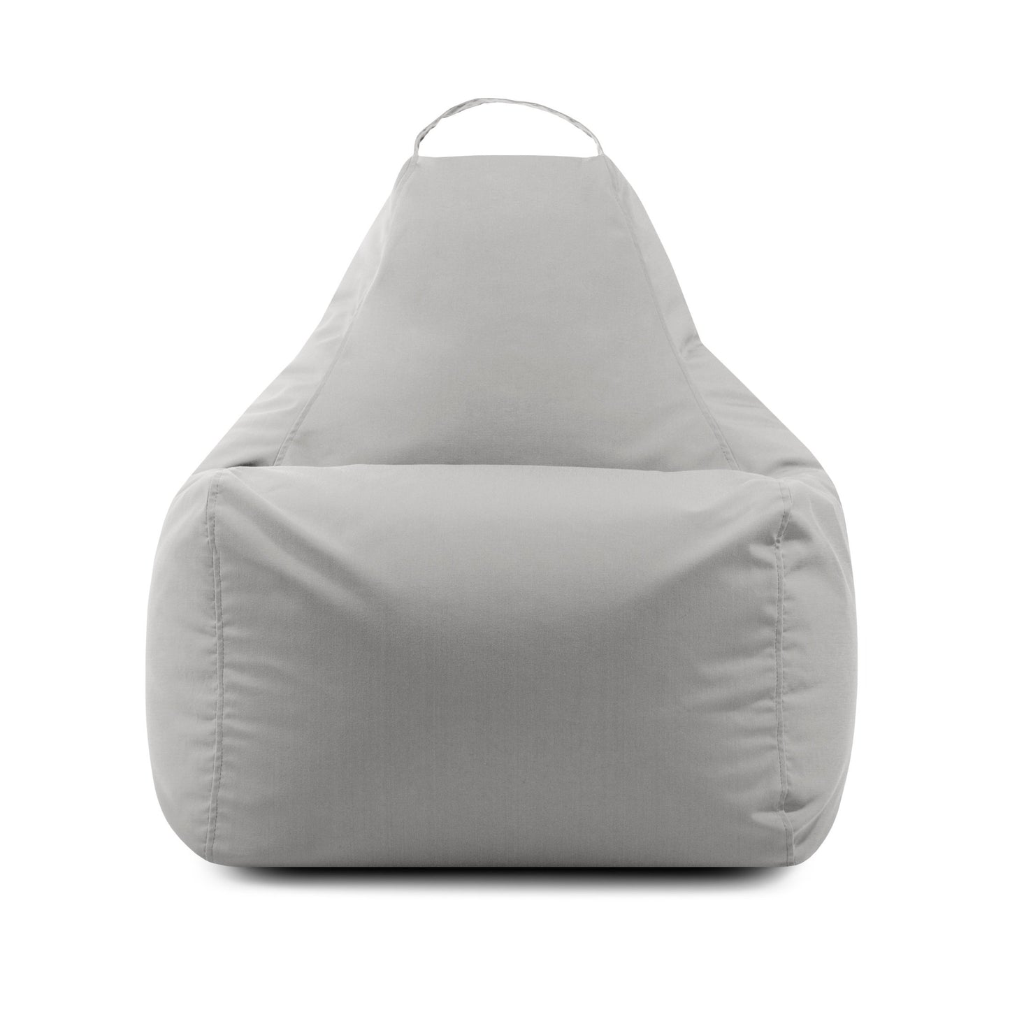 El Bean bag Play Colorin - uso exteriores es una silla gris claro de forma triangular con un asa superior, fabricada con tejido OEKO-TEX, mostrada de frente sobre un fondo blanco.