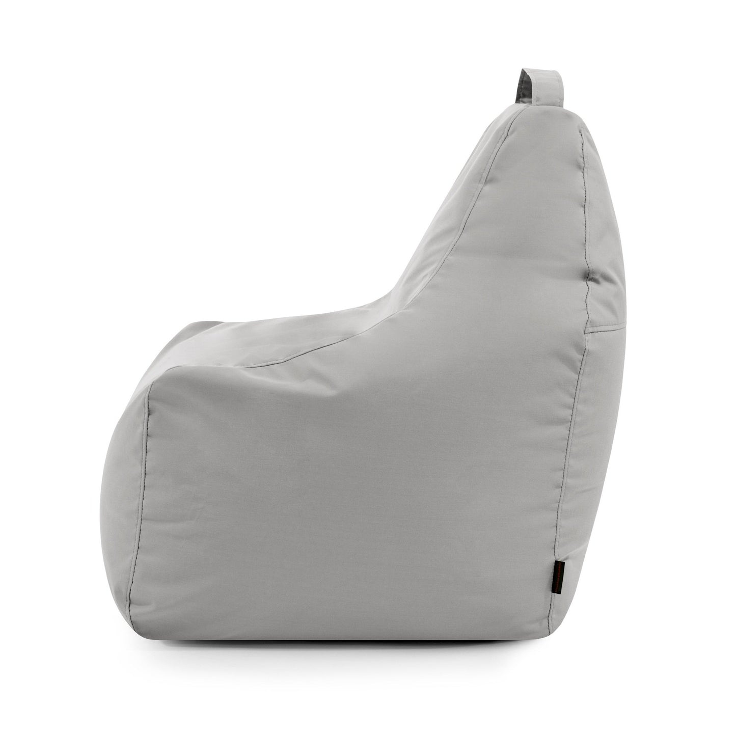 El Bean bag Play Colorin - uso exterior es un bean bag ergonómico de color gris claro con respaldo alto y lazo de tela, mostrado de lado sobre fondo blanco. Fabricado con tejido certificado OEKO-TEX para mayor comodidad y seguridad.