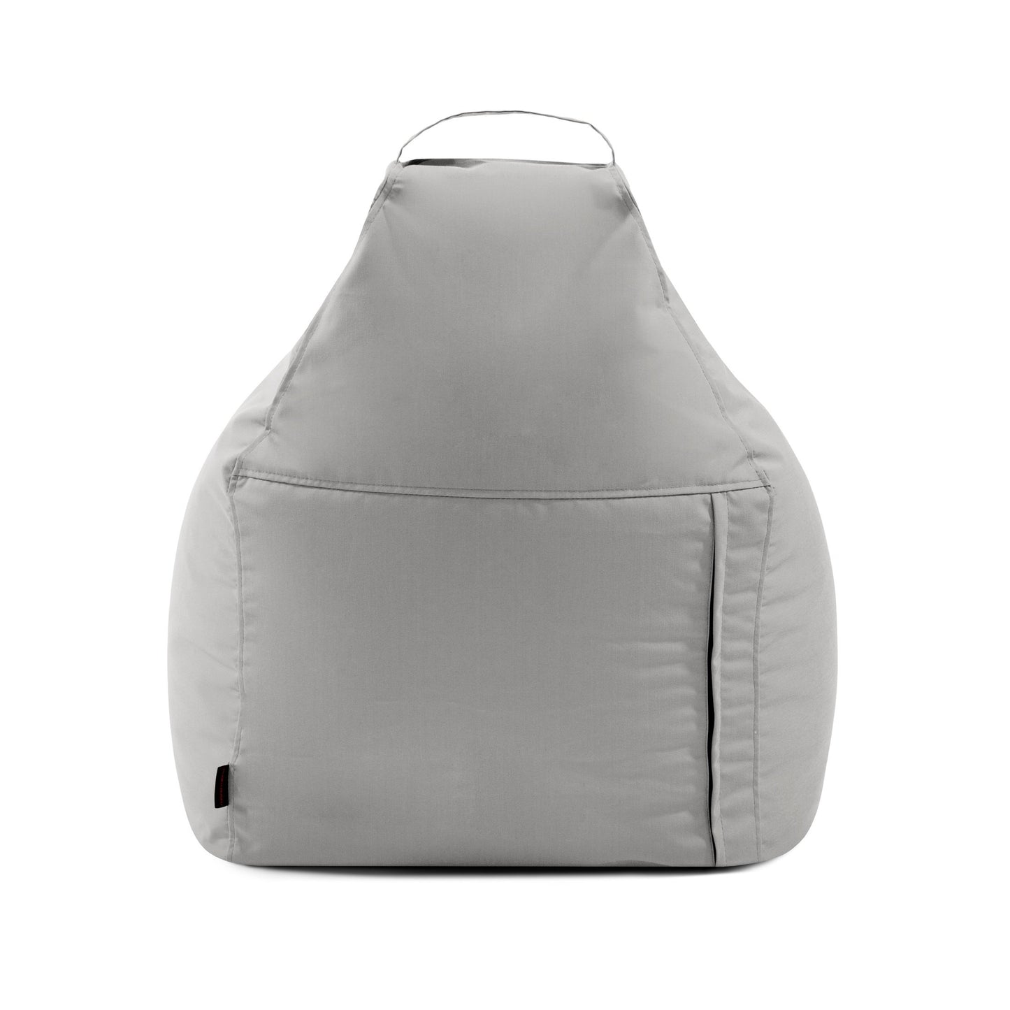 El Bean bag Play Colorin - uso exteriores es una silla ergonómica de color gris claro fabricada en tejido OEKO-TEX, con bolsillo frontal y asa superior, que se muestra sobre un fondo blanco liso.