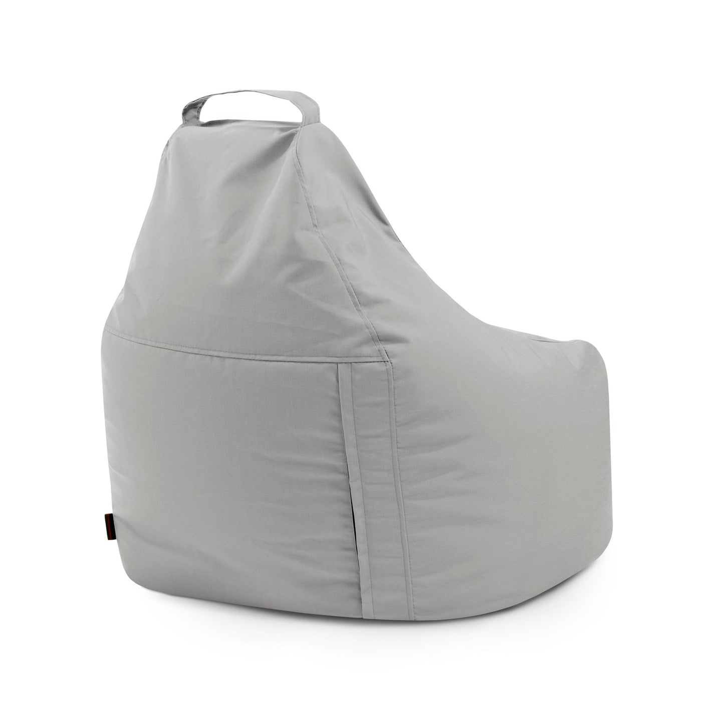 El Bean bag Play Colorin - uso exteriores es un bean bag ergonómico de color gris claro con asa superior y bolsillo lateral, fabricado con tejido OEKO-TEX, que se muestra sobre un fondo blanco liso.