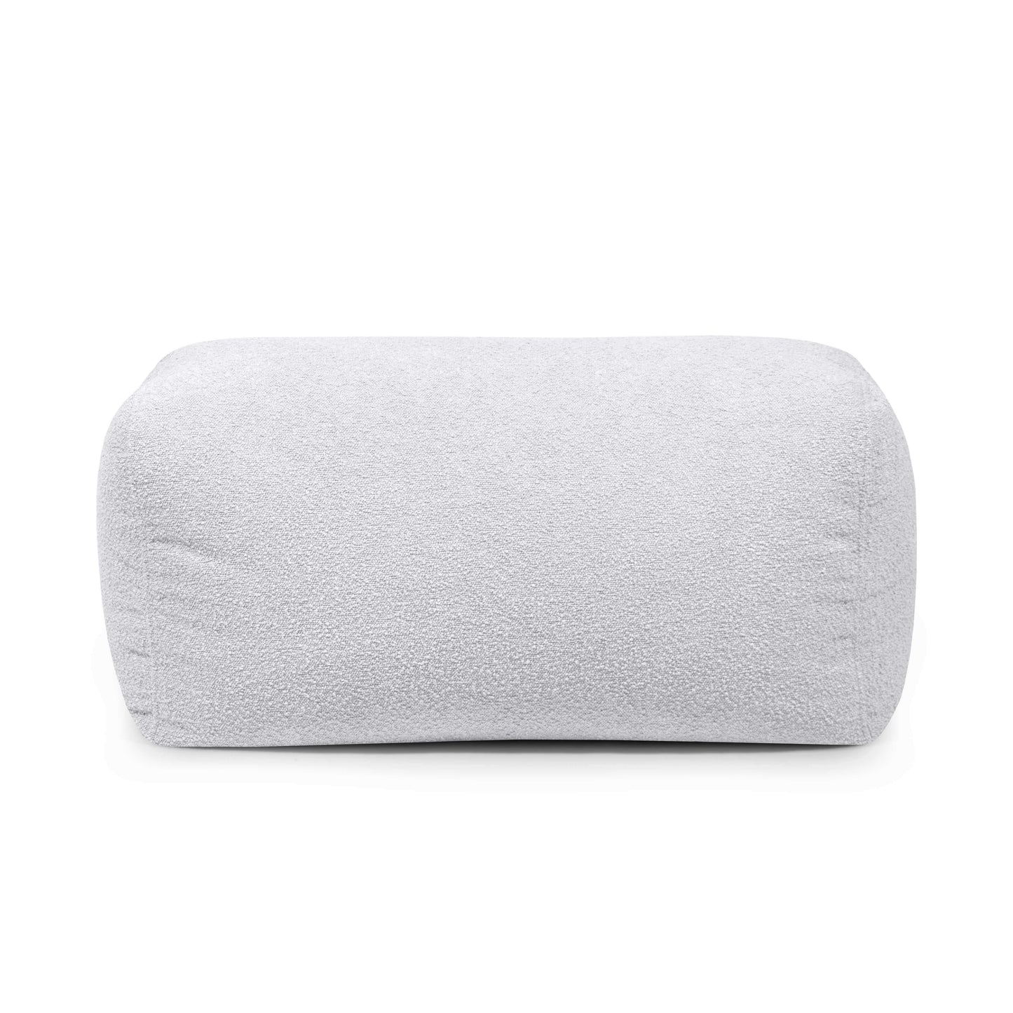 El Pouf rectangular de tela bouclé compacto y ligero 100×60×45 cm - PLUS 100 MADU, en gris claro, es perfecto como reposapiés; su superficie texturizada luce moderna en dormitorio o salón y se muestra sobre fondo blanco.