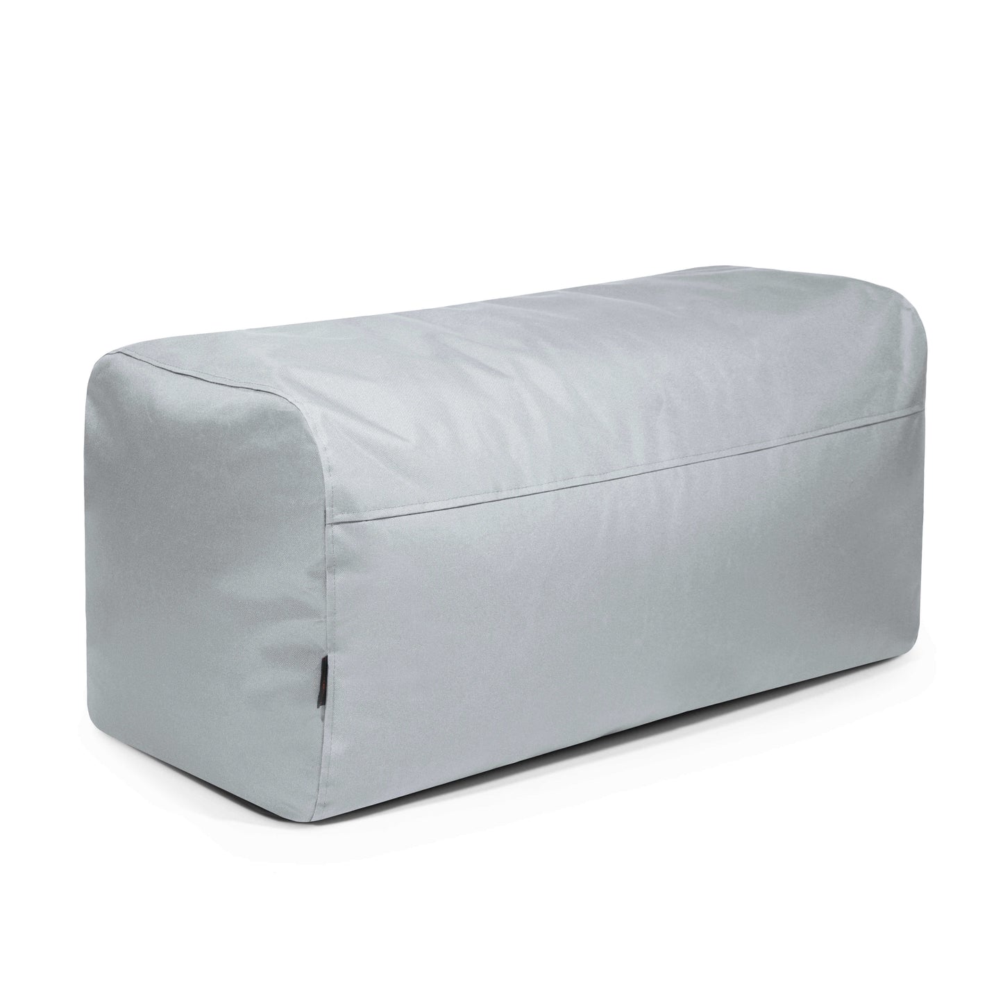 Pouf rectangular de tela impermeable brillante PLUS 100 OX, compacto y ligero (100×60×45 cm), moderno para dormitorio o salón, perfecto como asiento adicional. Color gris claro y bordes redondeados, fotografiado sobre fondo blanco.