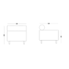 Dibujo lineal del Puff Cuadrado Tapizado Sebas, un objeto rectangular con un elemento circular en un lado, mostrando su diseño minimalista. Las dimensiones se muestran como unidades de 64x64 en la vista izquierda y unidades de 64x44 en la vista derecha.