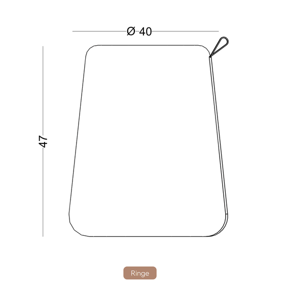 Esquema que ilustra las dimensiones del Puff Redondo Tapizado Ringe, un objeto trapezoidal con un extremo circular, que mide 47 unidades de altura y 40 unidades de diámetro en el extremo circular, apto para mobiliario contract.