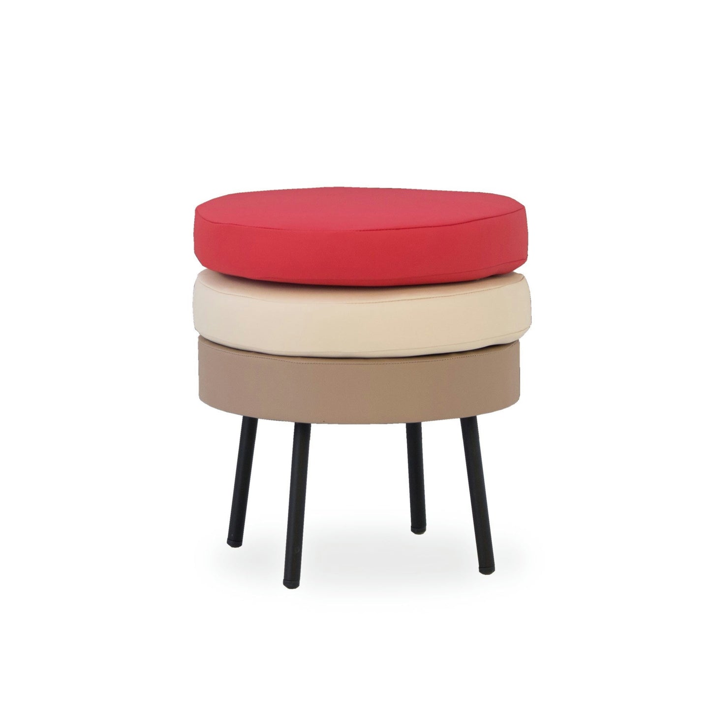 Un Puff Redondo Tapizado con Patas de Metal Hambur que presenta tres Cojines Apilables en rojo, beige y marrón sobre elegantes patas de metal negro.