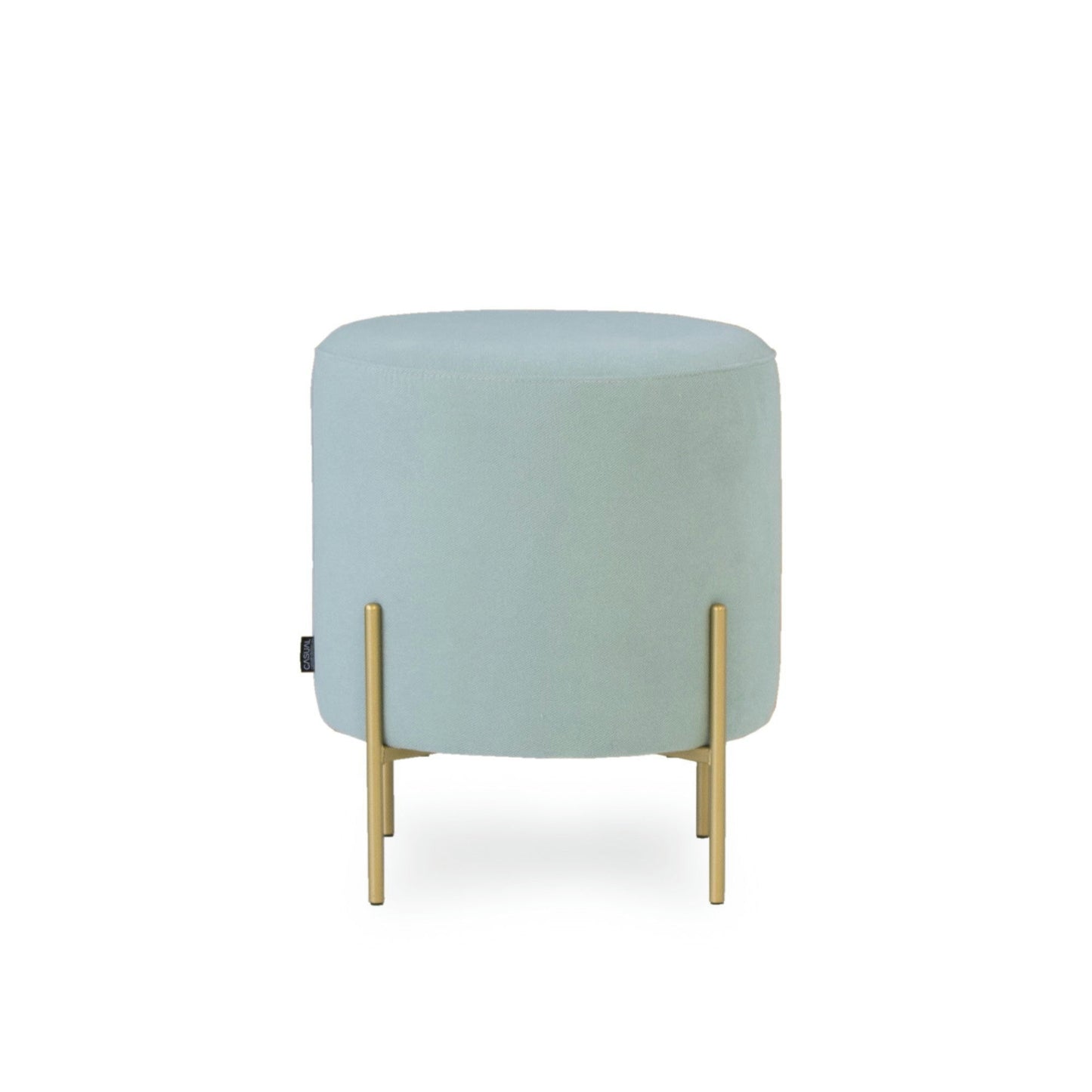 Puff Redondo Tapizado con Patas de Metal color verde claro en color dorado, sobre fondo blanco.