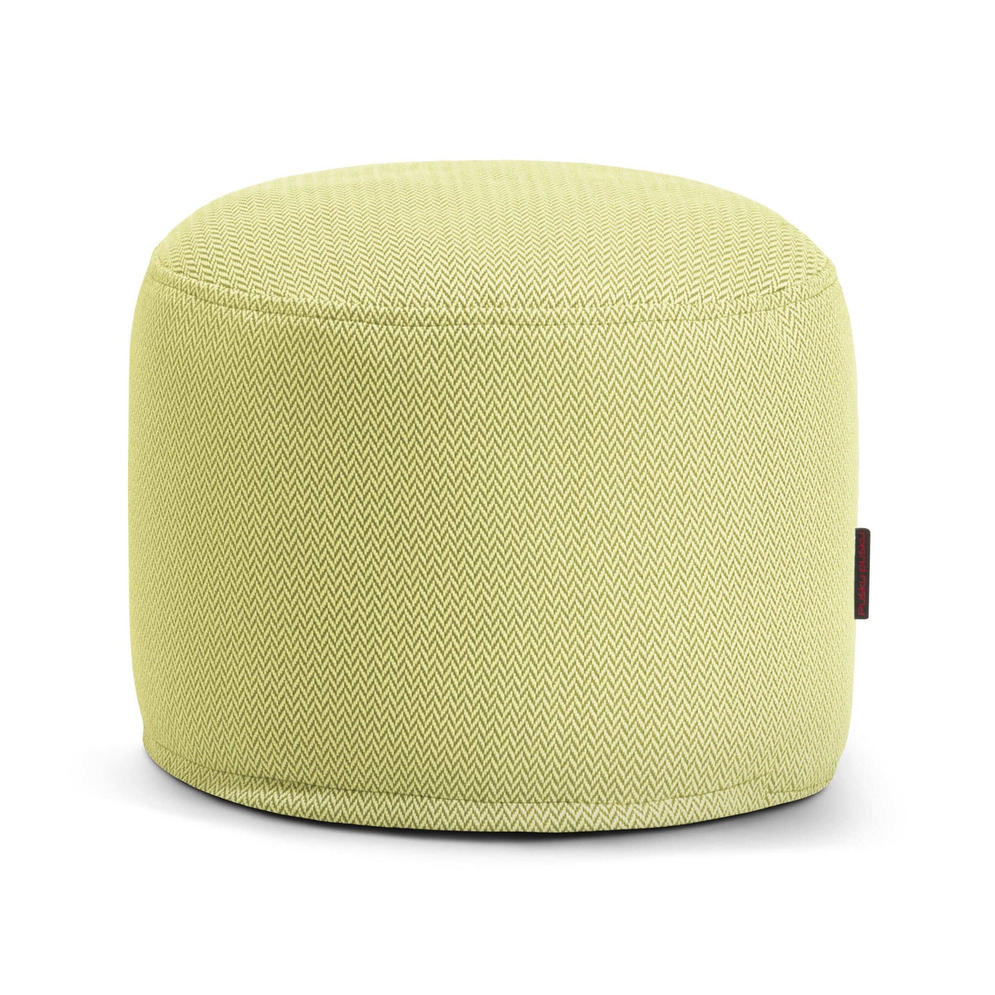 El puf Mini Canaria - uso exterior es un puf redondo de color verde claro con un sutil estampado en zigzag y un tejido extrasuave para un asiento cómodo.