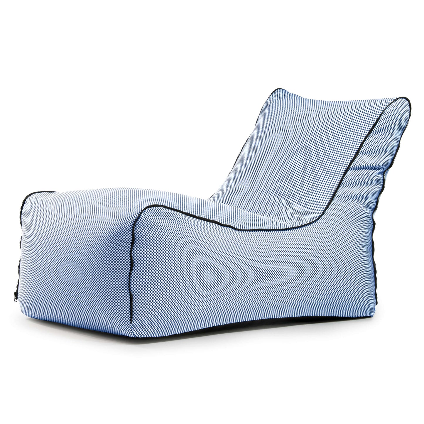 El Bean bag Lounge Zip Capri - uso exterior presenta rayas azules y blancas, un respaldo alto y ribetes negros para un confort ergonómico, sobre un fondo blanco.