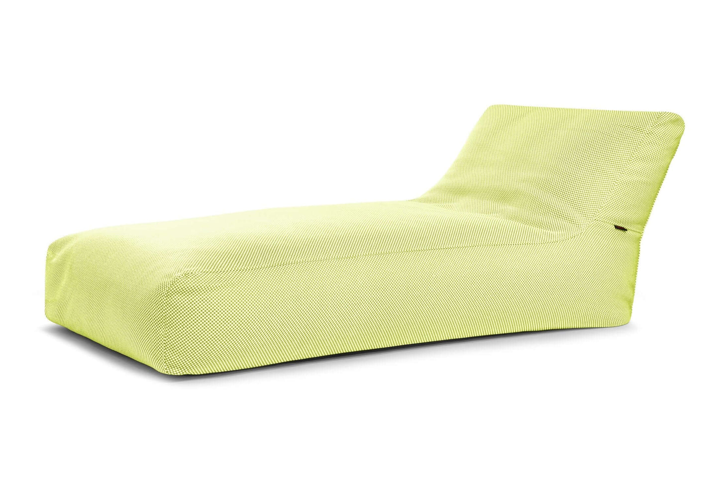 La tumbona Bean bag 90 Capri - uso exterior es una tumbona moderna de color verde claro con tejido texturizado y respaldo reclinable, inspirada en la comodidad de los bean bags, ideal para relajarse al aire libre. Se muestra sobre fondo blanco.