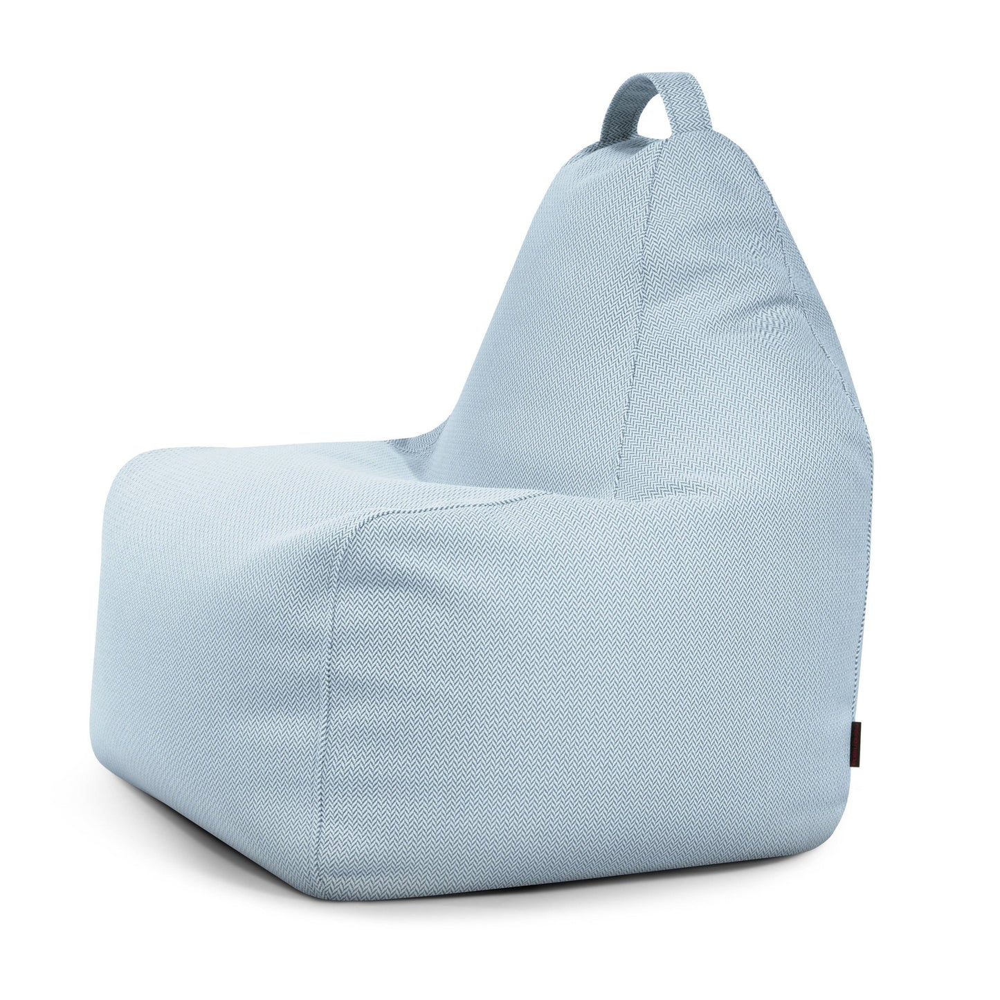 Bean bag Play Canaria - uso exteriores: Silla bean bag de tela azul claro con respaldo alto y asa de transporte, que ofrece comodidad ergonómica para niños y adultos. Se muestra sobre fondo blanco. Perfecto para relajarse en interiores o exteriores.