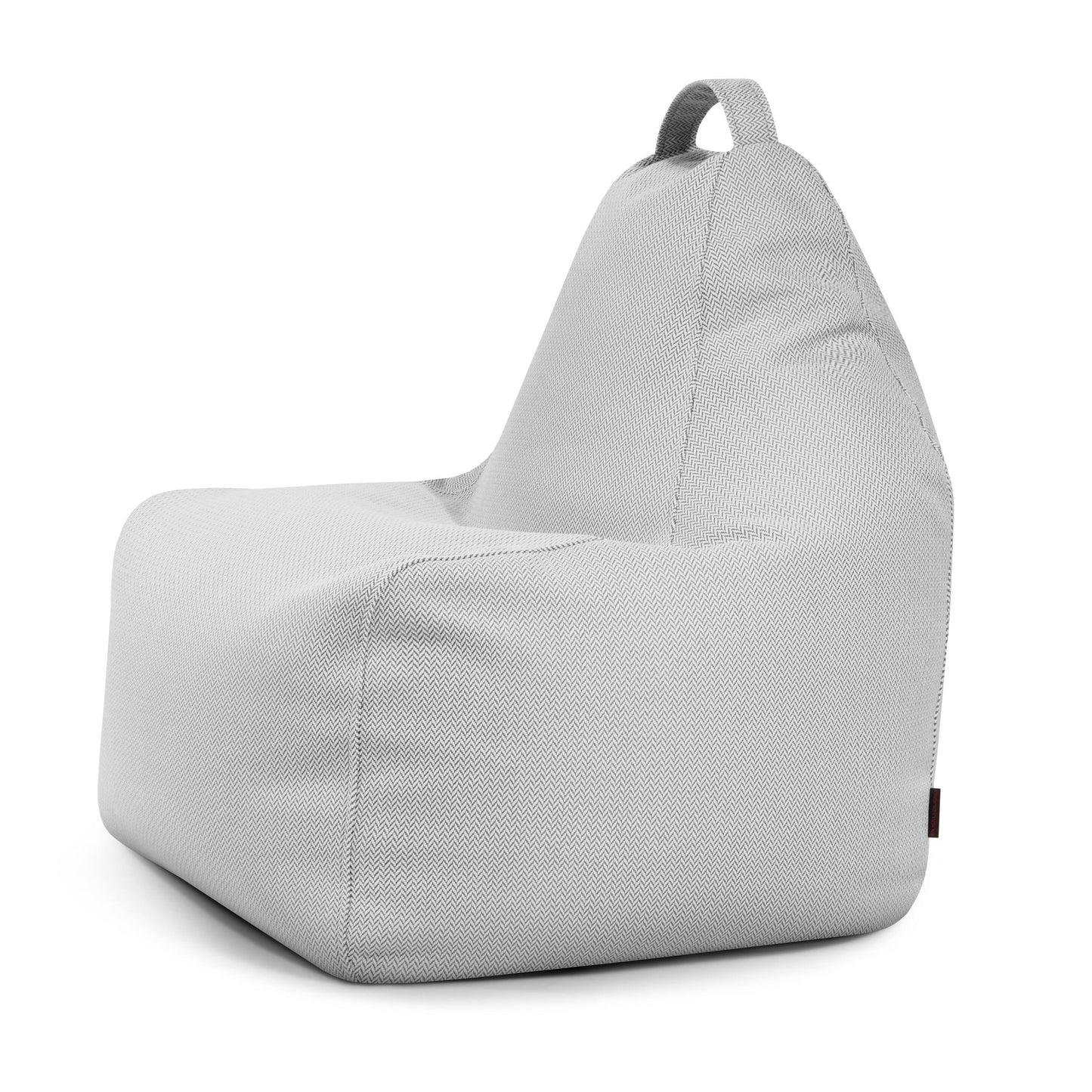 La Bean bag Play Canaria - uso exteriores es una silla moderna de color gris claro con tejido texturizado, diseño anguloso y una práctica asa superior, perfecta para niños y adultos que buscan comodidad versátil en interiores o exteriores.