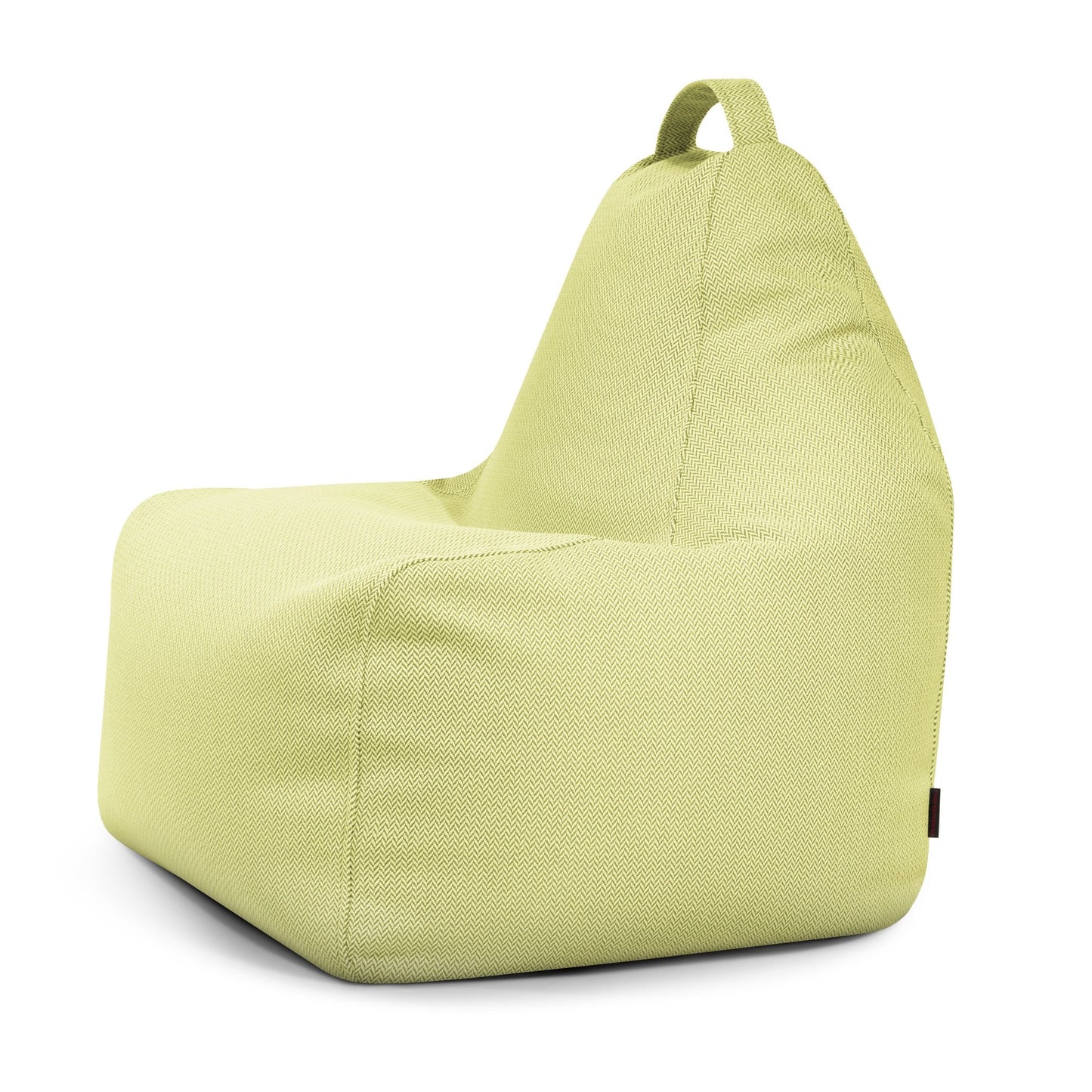 Bean bag Play Canaria verde claro - uso exteriores, con respaldo alto, asa superior y asiento ergonómico. Ideal puff para niños y adultos, se muestra sobre un fondo blanco.