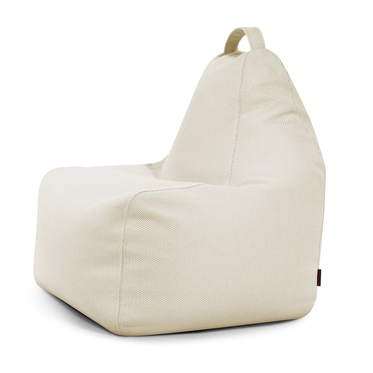 El Bean bag Play Canaria - uso exteriores es una silla de tela beige con respaldo alto, asiento ergonómico y asa superior, perfecta como puff para niños y adultos, mostrada sobre fondo blanco.