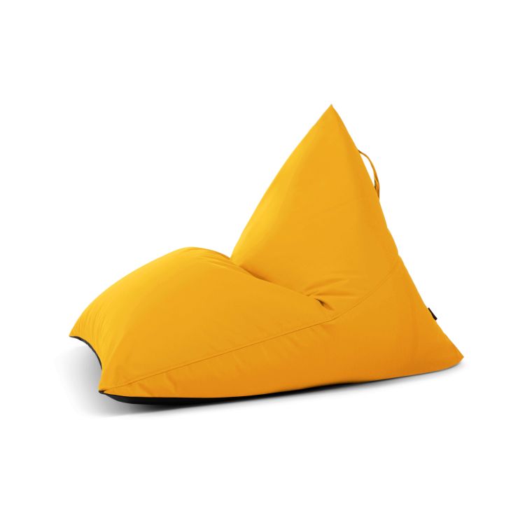 Un puff bean bag juvenil de tela repelente al agua RAZZ COLORIN amarillo brillante (110×130×90 cm), triangular con respaldo reclinable, diseño moderno para exterior, mostrado sobre fondo blanco.