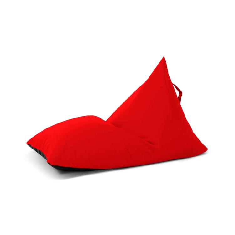 A rojo triangular Bean bag puff infantil RAZZY COLORIN (75×110×65 cm), tela repelente al agua, ideal para exterior, con asa, perfecto como puf compacto o infantil. Mostrado sobre fondo blanco.