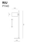 Dibujo técnico de la Lámpara de Pie Riu rotulada "RIU P1140" elaborada en acero con unas dimensiones: alto 170 cm, diámetro de base 30 cm y altura total 1566 cm, diseñada para alojar una bombilla E27.