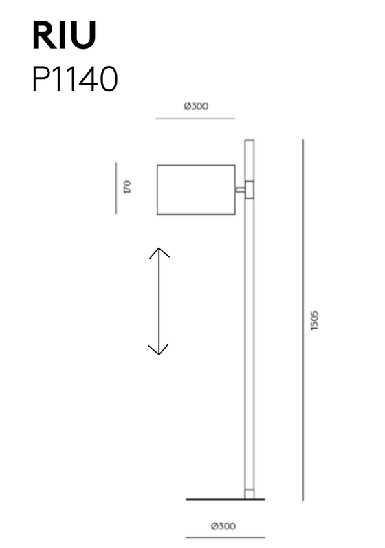 Dibujo técnico de la Lámpara de Pie Riu rotulada "RIU P1140" elaborada en acero con unas dimensiones: alto 170 cm, diámetro de base 30 cm y altura total 1566 cm, diseñada para alojar una bombilla E27.