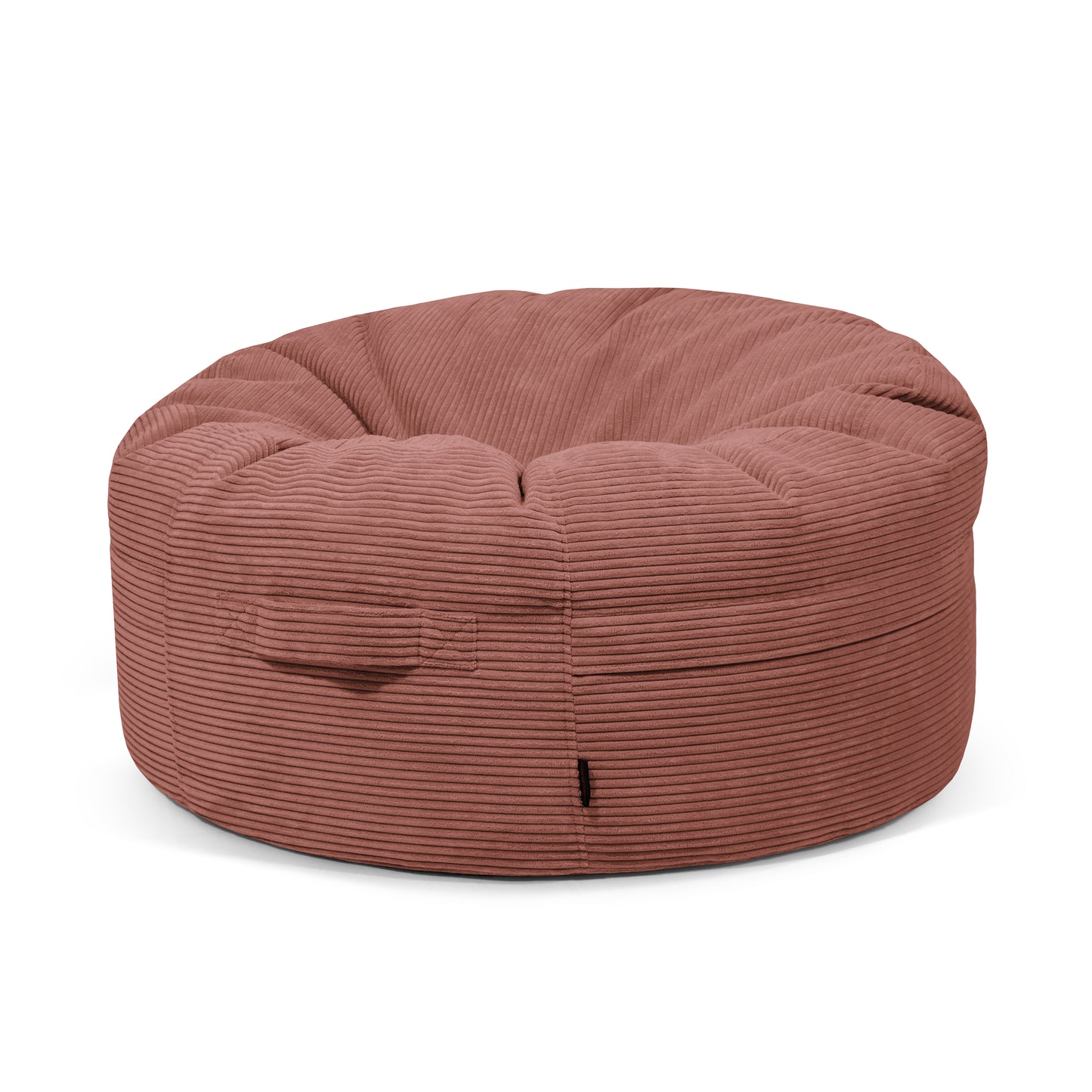 Puff grande redondo de terciopelo acanalado ROLL 105 WAVES (105×105×50 cm), moderno y ergonómico, con asa lateral y superficie superior capitoné; ideal como asiento elegante para tu salón.