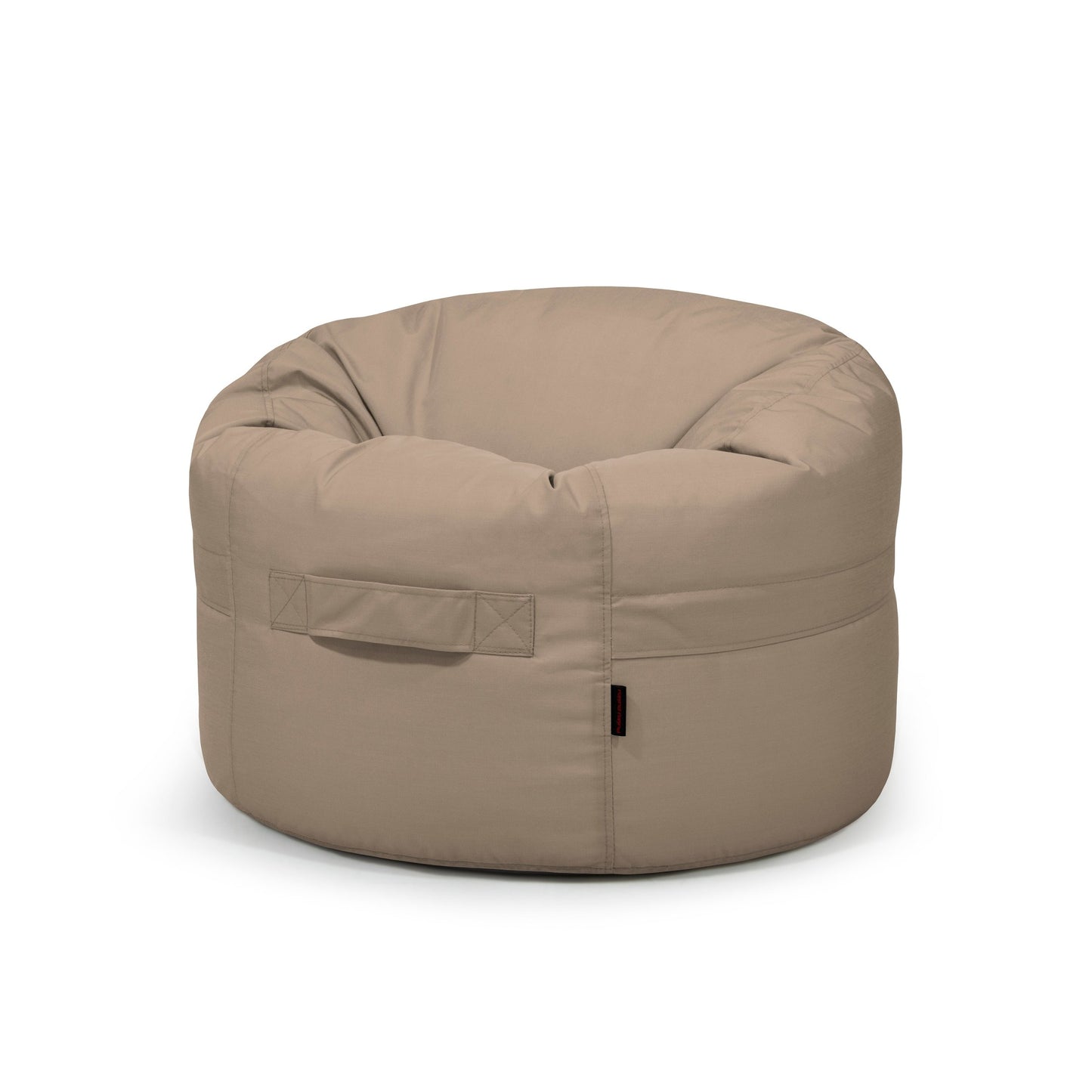 El Bean Bag Roll 80 Colorin - uso exteriores es una silla redonda de color beige con asa lateral de tela, fabricada con tejido OEKO-TEX, que se muestra sobre fondo blanco.