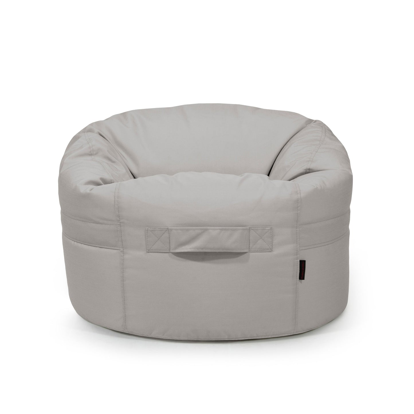 La Bean Bag Roll 80 Colorin - uso exteriores, una silla redonda de color gris claro con asa frontal y fabricada con tejido OEKO-TEX, se muestra sobre un fondo blanco liso.