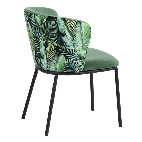 Silla Hojas Tropic Verde con tapicería verde exuberante y diseño audaz de hojas tropicales sobre un fondo blanco.