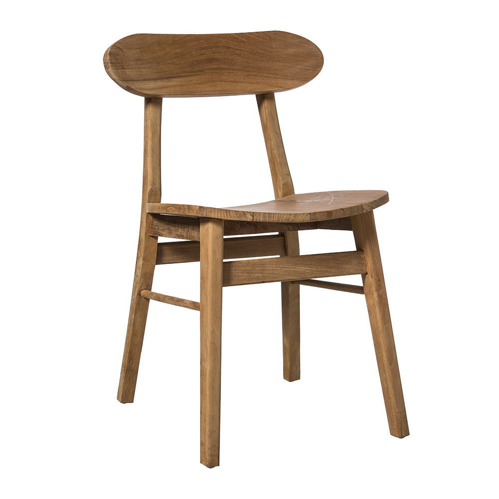 La Silla de Comedor en Madera Teca Pulo presenta un elegante diseño moderno con un respaldo curvo y una robusta estructura de cuatro patas.
