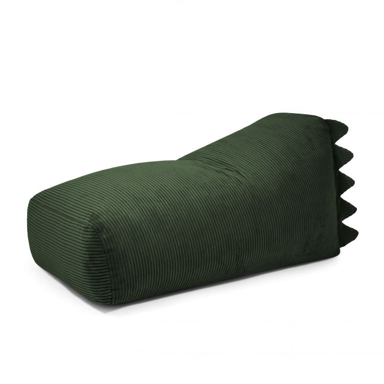 El puff infantil Bean Bean bag SNUG LONG 130 DRAGON WAVES (130×70×60 cm) tiene relleno de espuma y tejido de pana en verde oscuro, con respaldo inclinado y crestas triangulares en forma de cola para un confort moderno en cualquier dormitorio o cuarto de juegos.