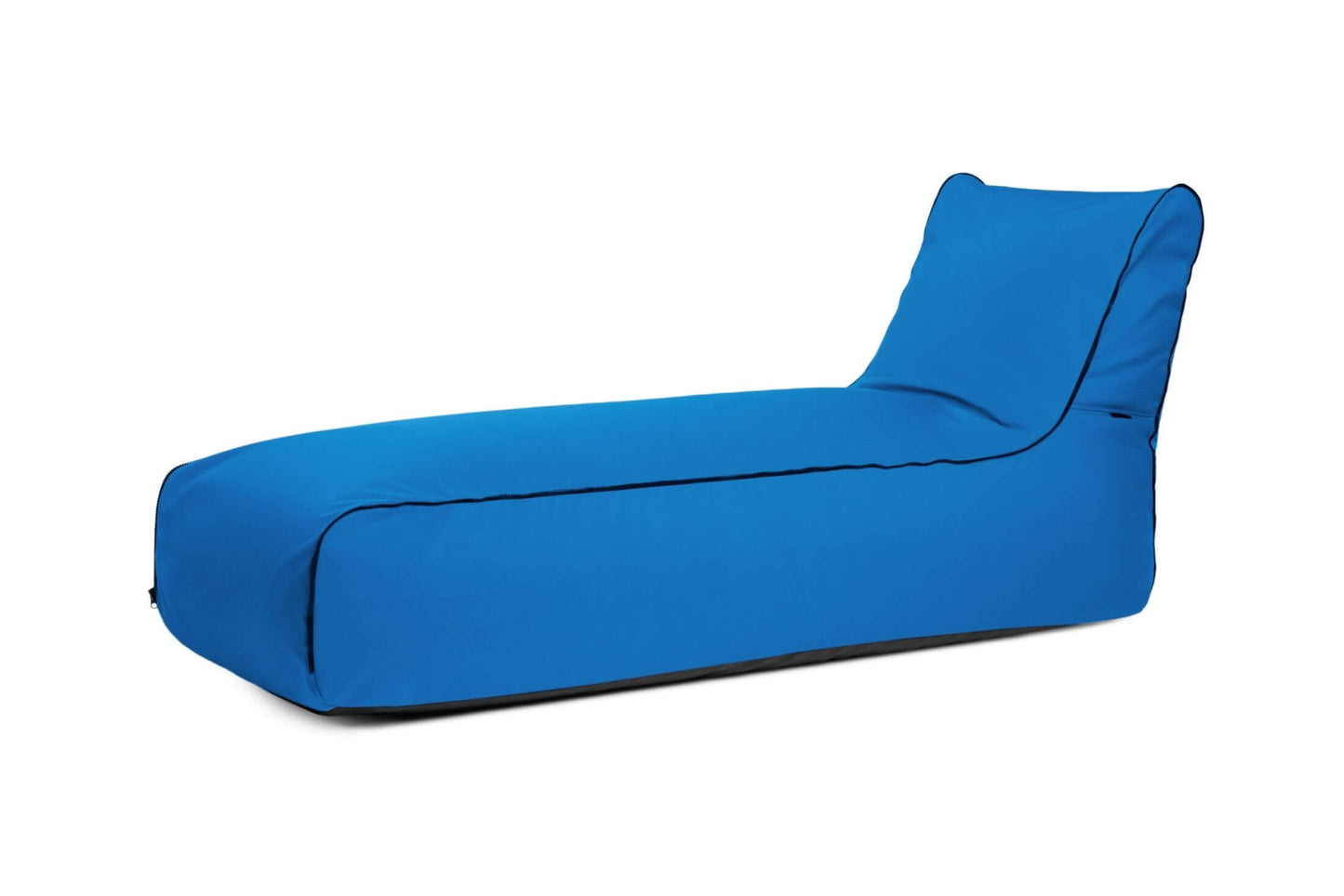 El Bean bag Sunbed Zip Colorin - uso exteriores es un bean bag estilo chaise lounge de color azul con respaldo elevado y diseño ergonómico, presentado sobre un fondo blanco liso.