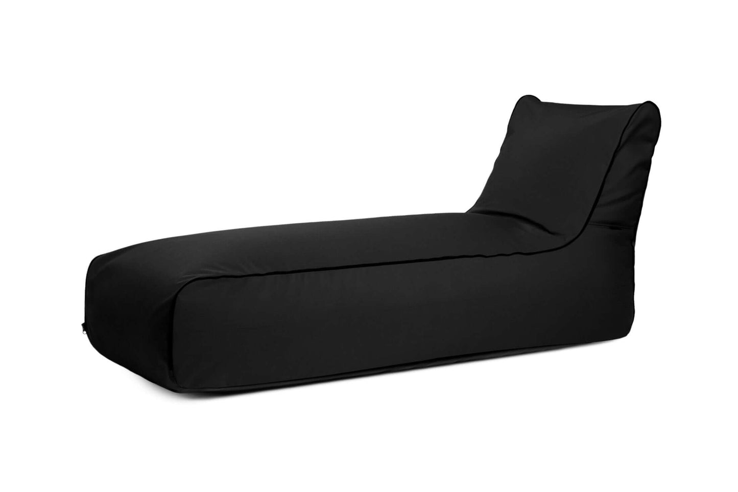 El Bean bag Sunbed Zip Colorin - uso exteriores, mostrado en negro con forma de chaise lounge y respaldo ligeramente elevado sobre fondo blanco, ofrece un diseño ergonómico para relajarse con estilo al aire libre.