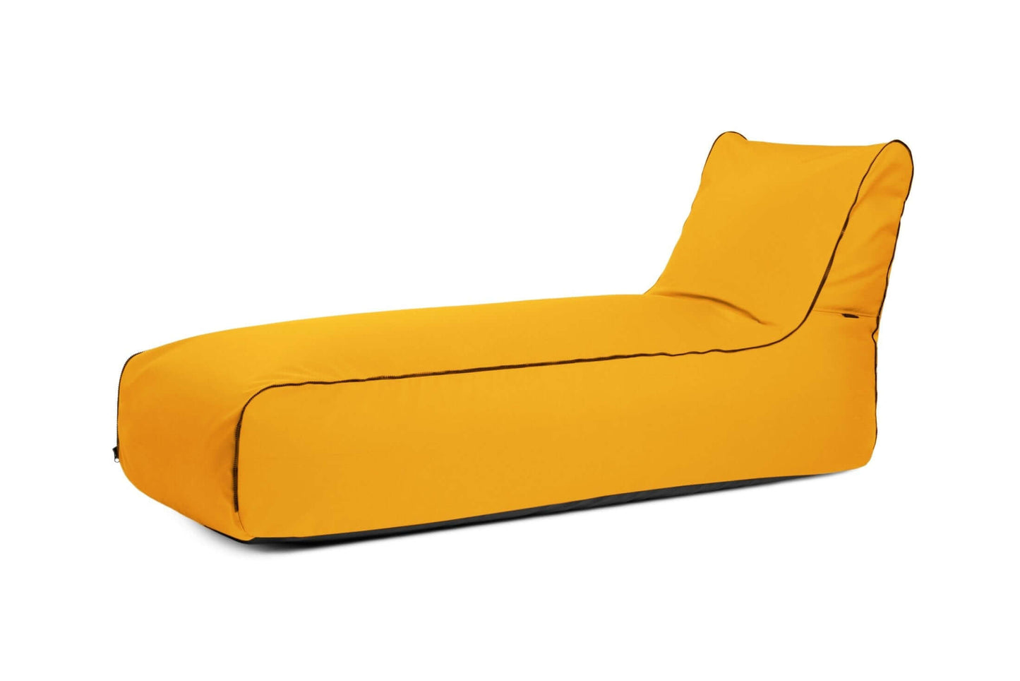 El Bean bag Sunbed Zip Colorin - uso exteriores es un chaise lounge bean bag amarillo con ribete negro y diseño ergonómico, que se muestra sobre un fondo blanco liso.
