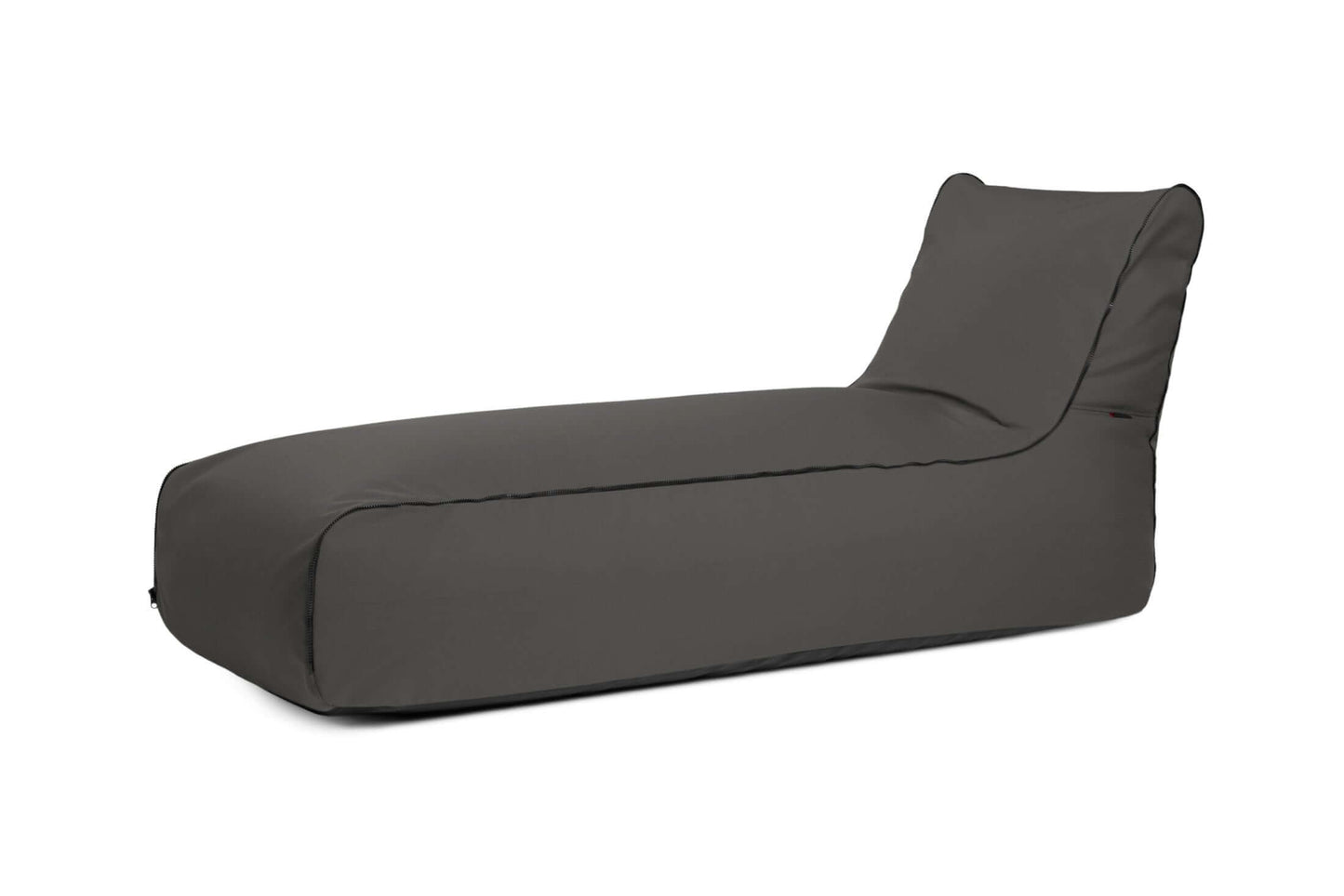Una bolsa de frijoles gris oscuro Sunbed Zip Colorin para uso al aire libre, con un diseño ergonómico con un asiento acolchado y respaldo en ángulo, se muestra sobre un fondo blanco.
