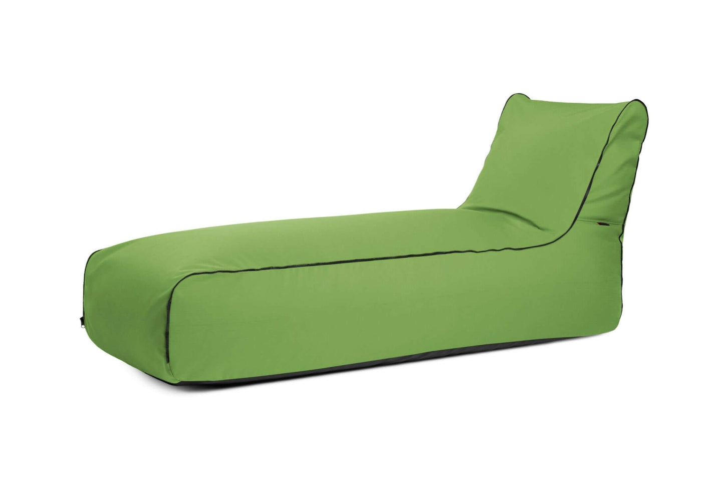 La Bean bag Sunbed Zip Colorin, una tumbona de exterior verde con diseño ergonómico y perfil bajo y respaldo ligeramente elevado, se muestra sobre fondo blanco.
