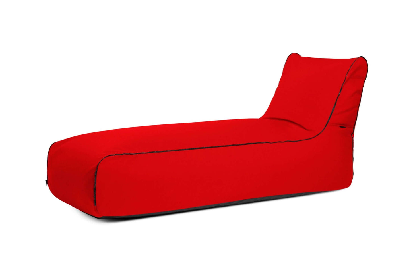La Bean bag Sunbed Zip Colorin para exteriores, una tumbona con respaldo alto y ribete negro de colores vivos y diseño ergonómico, se presenta sobre un fondo blanco.
