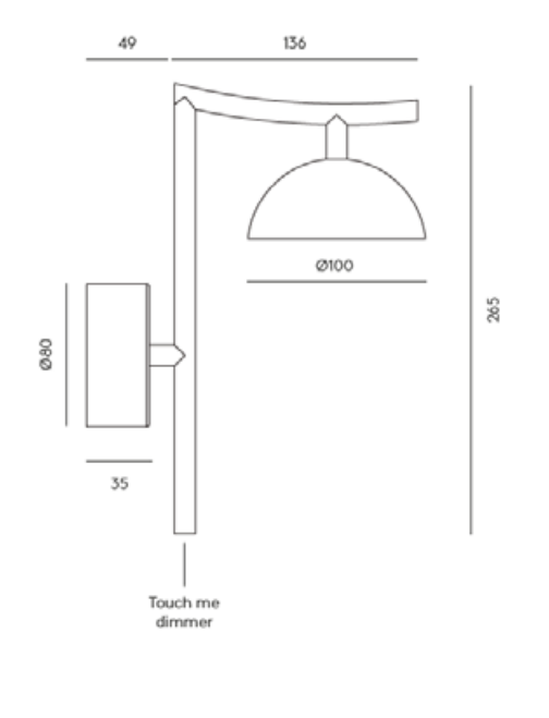 Dibujo técnico de Lámpara de pared Tana de pared con dimensiones y etiqueta "touch me dimmer".