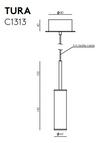 Diseño técnico de una Lámpara de Techo Tura cilíndrica etiquetada "c1313" con un cable textil de 3 metros conectado a un cilindro.