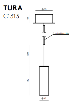 Diseño técnico de una Lámpara de Techo Tura cilíndrica etiquetada "c1313" con un cable textil de 3 metros conectado a un cilindro.