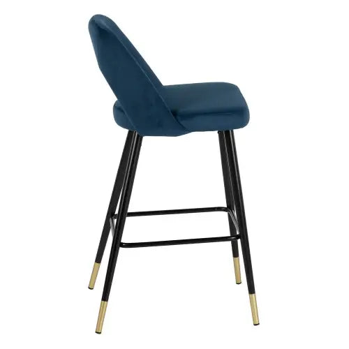 Un taburete de bar Taburete Alto Azul Tejido-Metal Soflux con patas doradas, diseñado tanto para una estética moderna como para comodidad y durabilidad.