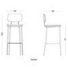 Un dibujo lineal que muestra las vistas frontal y lateral de un Taburete Alto en Metal y Tapizado Cushi con dimensiones. El taburete, con diseño ergonómico, mide 103 cm de alto con una altura de asiento de 77 cm, un ancho de 45 cm y una profundidad de 50 cm.