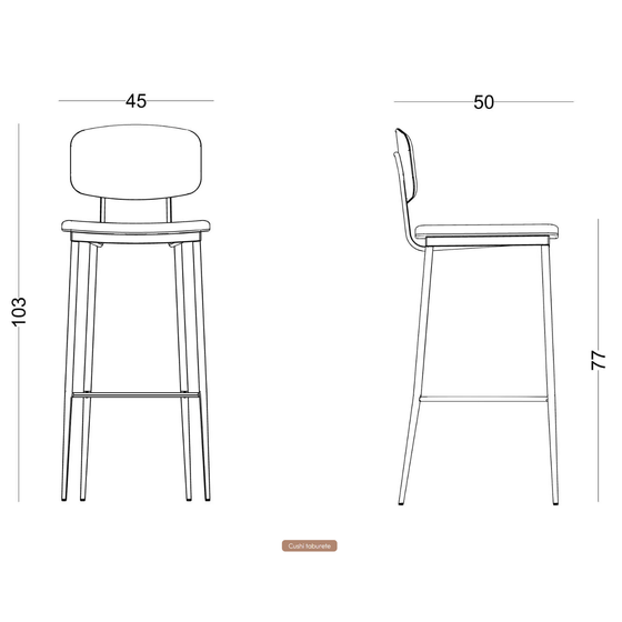 Un dibujo lineal que muestra las vistas frontal y lateral de un Taburete Alto en Metal y Tapizado Cushi con dimensiones. El taburete, con diseño ergonómico, mide 103 cm de alto con una altura de asiento de 77 cm, un ancho de 45 cm y una profundidad de 50 cm.