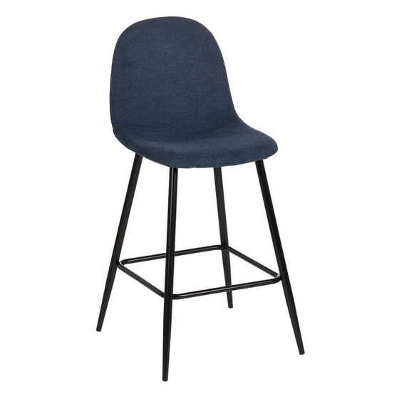 Taburete Simplex moderno con asiento tapizado en azul oscuro y patas de metal negro.