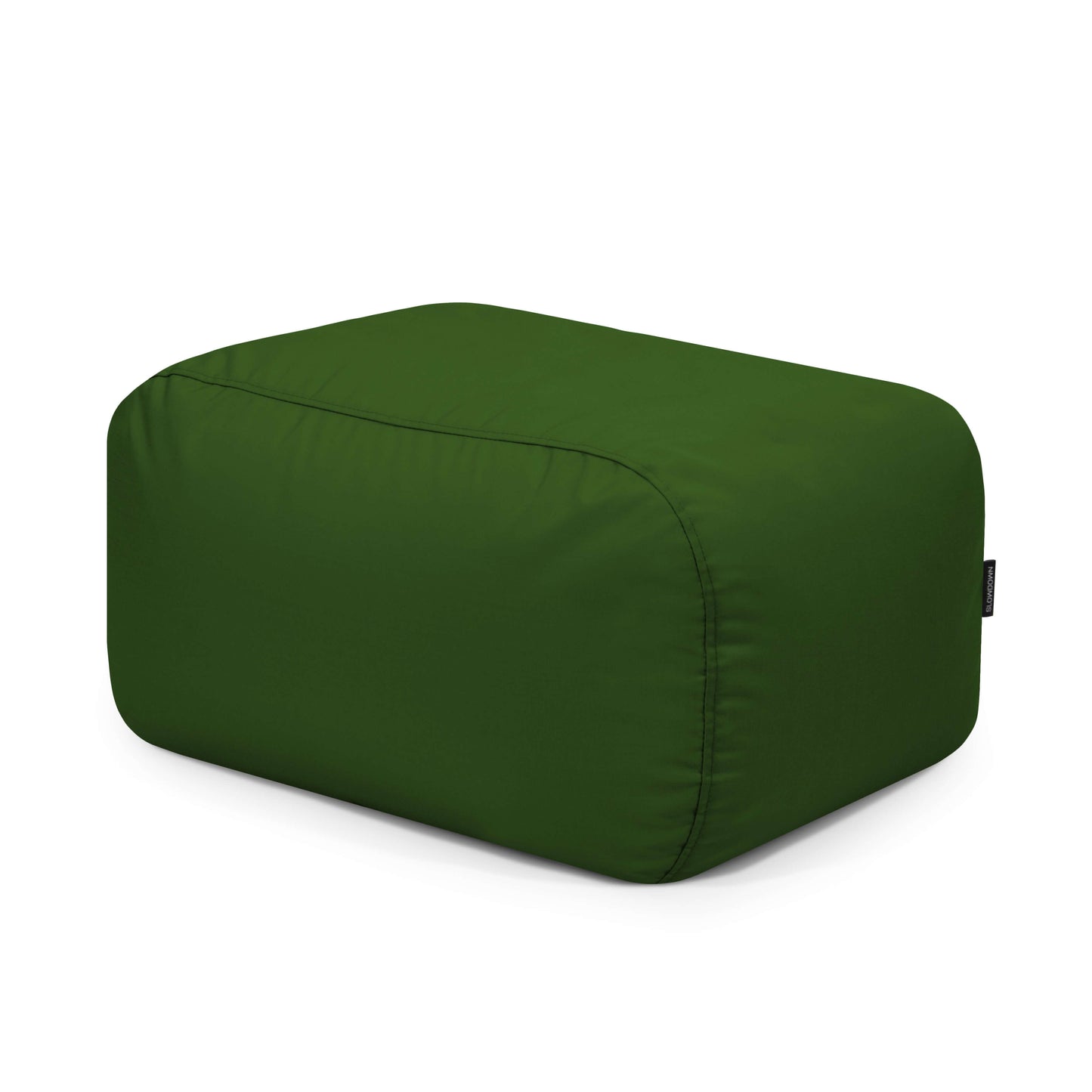 Un Bean bag Tube Pouf Colorin rectangular para uso exterior, en verde oscuro con tejido liso resistente a la luz solar y bordes redondeados, mostrado sobre fondo blanco.