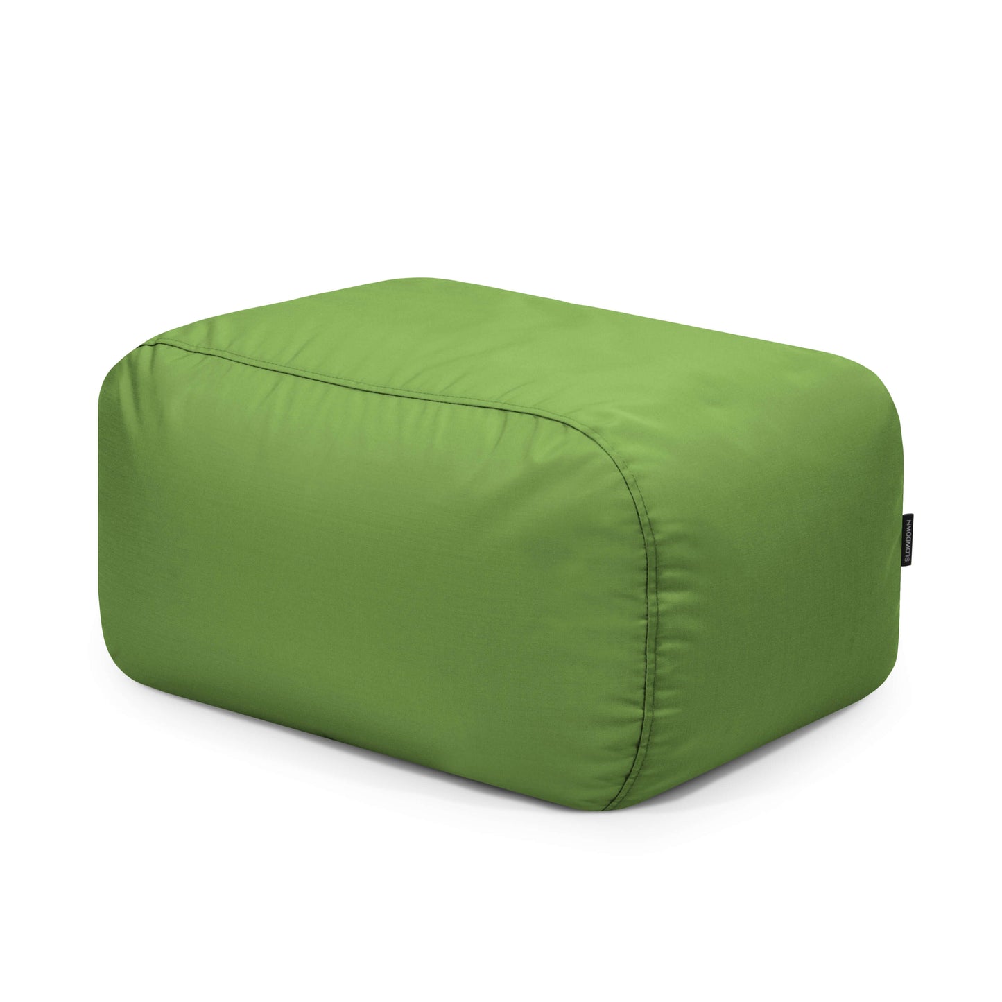 El Bean bag Tube Pouf Colorin es un puf rectangular de color verde con tejido liso resistente al sol y bordes redondeados, diseñado para su uso en exteriores, que se muestra sobre un fondo blanco liso.