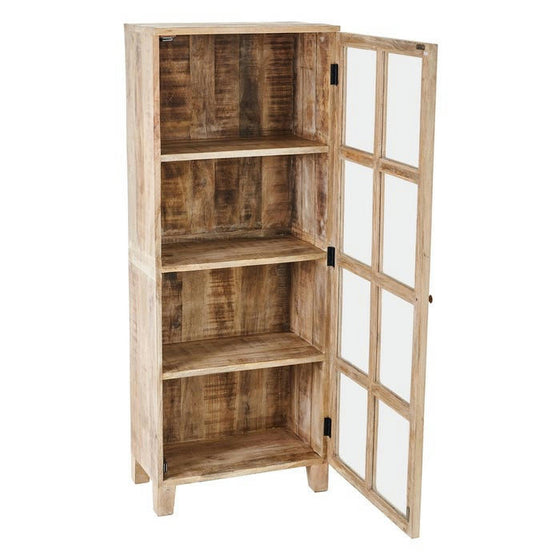 La vitrina estrecha natural blanco rozado en madera de mango cuenta con una puerta abierta con paneles de vidrio y cuatro estantes interiores, que combinan elegancia y practicidad. Fabricada en madera de mango duradera, su acabado blanco rozado agrega sofisticación moderna a cualquier habitación.