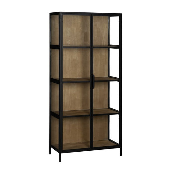 La Vitrina de Cristal y Metal en Negro Orion es una librería alta de madera con estructura de metal negro y puertas de vidrio, que cuenta con cuatro estantes. Su diseño moderno la hace perfecta para cualquier espacio contemporáneo.