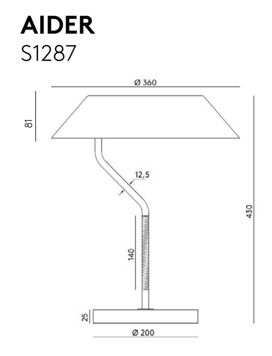 Dibujo técnico de la Lámpara de mesa Aider con dimensiones, con base, cuello regulable y pantalla ancha.